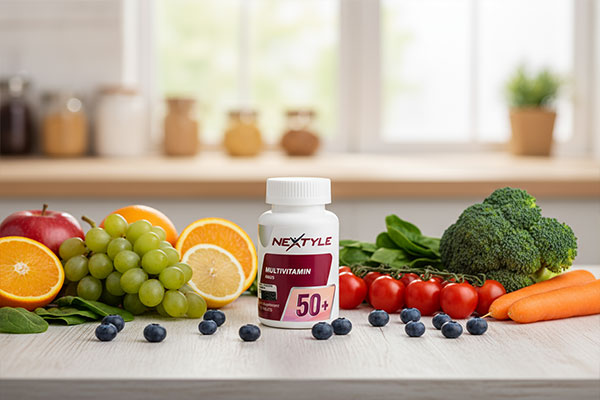 مولتی ویتامین نکستایل بالای 50 سال در کنار مواد غذایی سالم