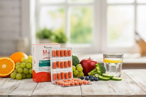 کپسول مولتی ویتامین دایونیکس فارما کنار میوه‌های تازه