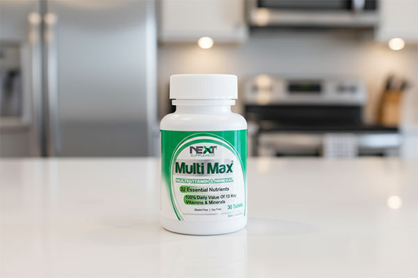 قرص مولتی مکس نکست ساپلمنت روی پیشخوان سفید