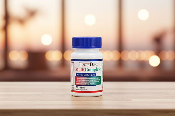 بسته‌بندی قرص مولتی کامپلیت هلث برست روی میز چوبی