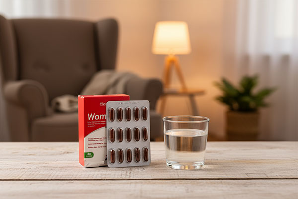 کپسول ومیناویت اوریجینال ویواتیون کنار لیوان آب