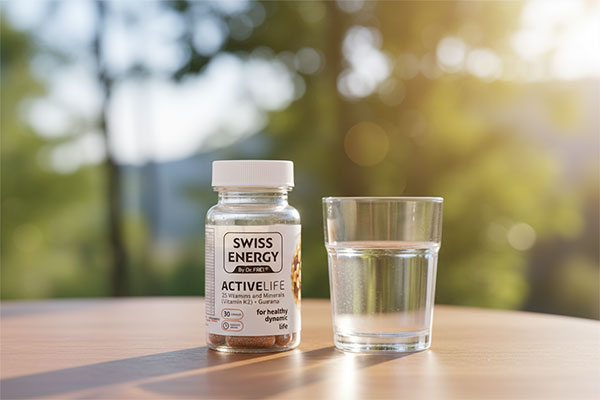 کپسول اکتیو لایف سوئیس انرژی کنار لیوان آب