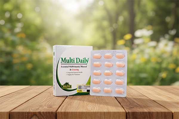 بستهبندی قرص مولتی دیلی آلفا ویتامینز 30 عددی روی میز چوبی