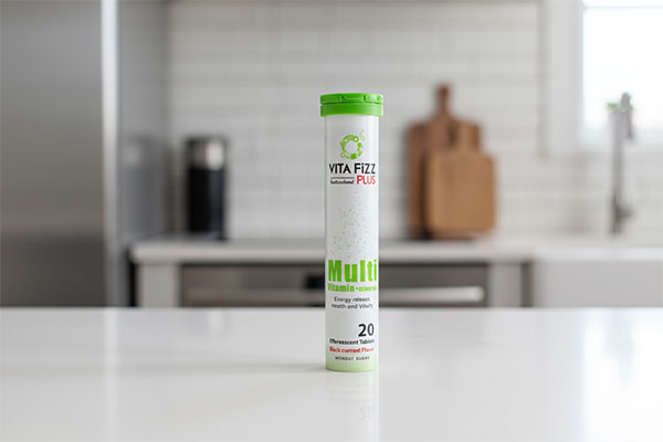 قرص جوشان مولتی ویتامین مینرال ویتا فیزپلاس روی میز آشپزخانه