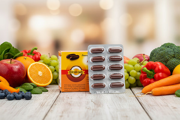 کپسول مولتی دیلی دانا کنار میوه‌ها و سبزیجات