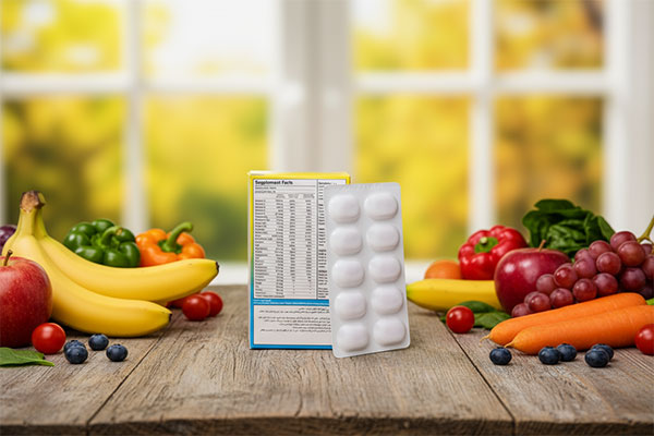 قرص مولتی دیلی سیمرغ دارو عطار با میوهها و سبزیجات تازه