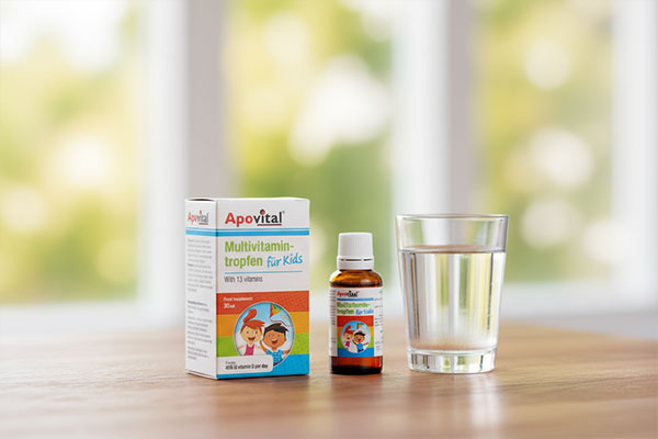 قطره مولتی ویتامین کودکان آپوویتال روی میز چوبی