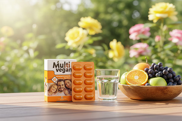 قرص مولتی وگان هولیستیکا کنار میوه و آب