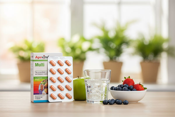 قرص مولتی ویت A تا Z آپوویتال در کنار مواد غذایی سالم