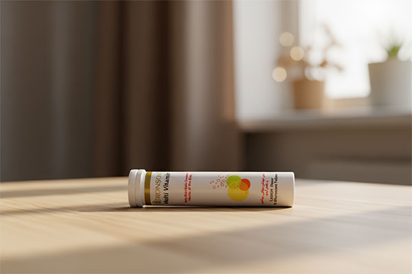 بستهبندی قرص جوشان مولتی ویتامین برونسون روی میز چوبی