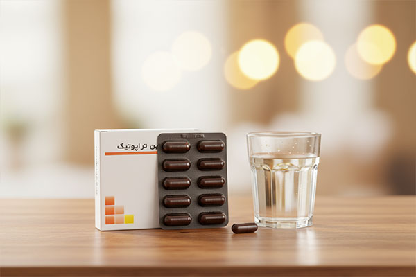 کپسول مولتی ویتامین تراپوتیک ایران دارو کنار لیوان آب