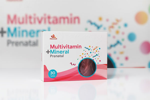 قرص مولتی ویتامین مینرال پریناتال ویتامین لایف روی سطح سفید