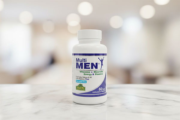 قرص مولتی من آلفا ویتامینز 60 عددی روی سطح مرمر سفید
