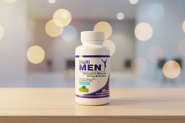 قرص مولتی من آلفا ویتامینز 60 عددی روی میز چوبی