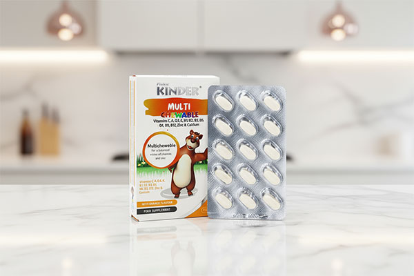 قرص مولتی ویتامین جویدنی فیشر کیندر روی پیشخوان آشپزخانه
