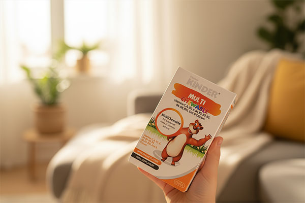 قرص مولتی ویتامین جویدنی فیشر کیندر در دست کودک