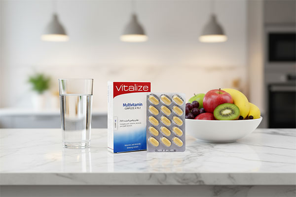 قرص مولتی ویتامین کامپلیت A تا Z ویتالایز روی میز آشپزخانه