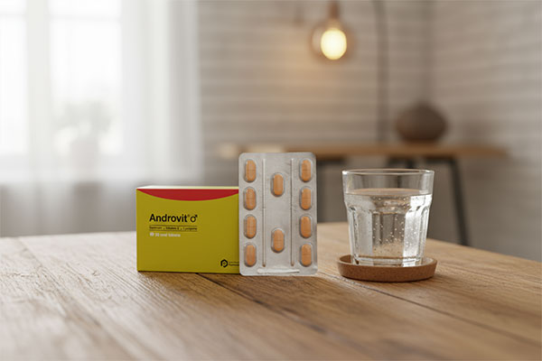 قرص آندروویت کنار لیوان آب روی میز چوبی