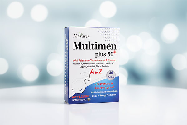 تصویر قرص مولتی من پلاس 50 نوتراسن فارما روی سطح سفید