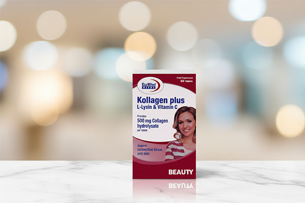 قرص کلاژن پلاس ال لیزین و ویتامین سی یوروویتال روی سطح سفید