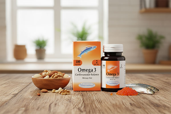 کپسول امگا ۳ ویتارمونیل همراه با مواد غذایی غنی از امگا ۳
