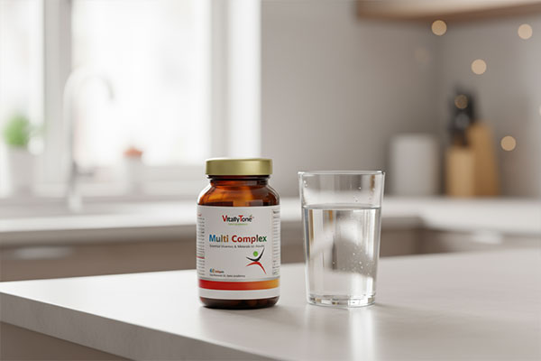 کپسول مولتی کمپلکس ویتالی تون کنار لیوان آب