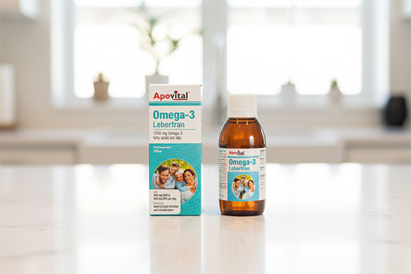 تصویر شربت امگا 3 لبرترن آپوویتال روی پیشخوان آشپزخانه