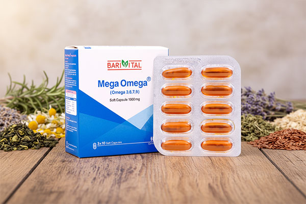 بسته&zwnj;بندی کپسول مگا امگا 1000 باریویتال روی میز چوبی