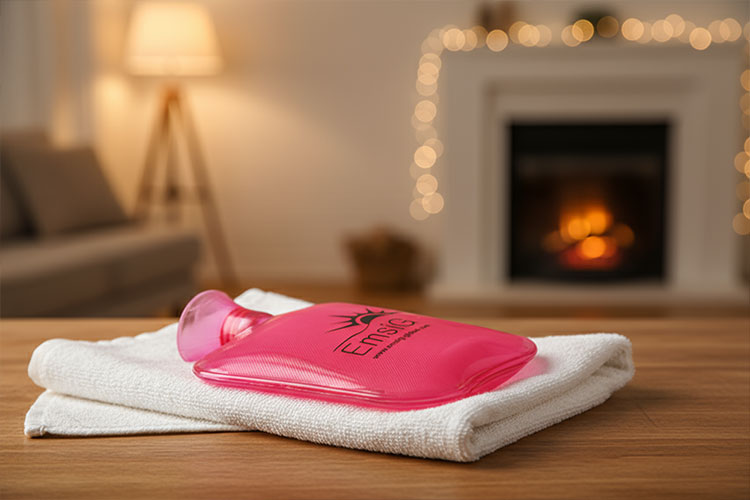 کیسه آب گرم امسیگ مدل HB166 Plus شفاف روی حوله سفید