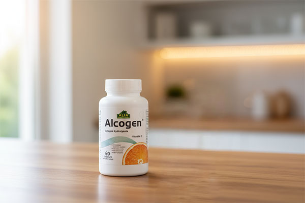 کپسول آلکوژن هیدرولیزات کنار لیوان آب روی میز چوبی