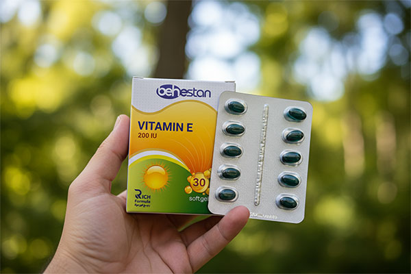 نمایی نزدیک از سافت ژل ویتامین ای 200 بهستان در دست