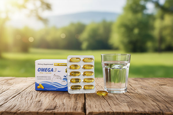 کپسول امگا 3 رکس دانا کنار لیوان آب