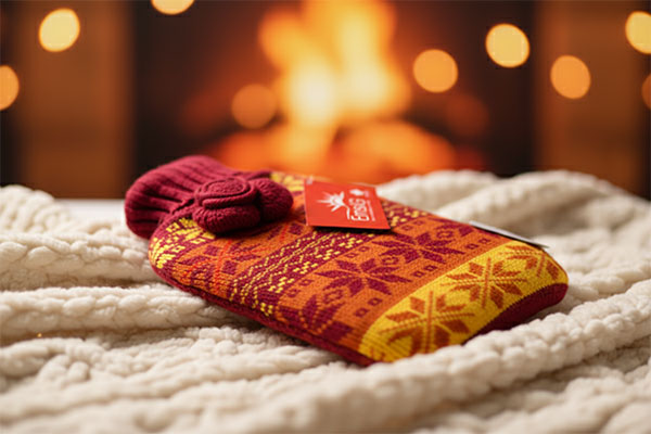 کیسه آب گرم امسیگ مدل HB202 Plus بافتنی رنگارنگ روی پتو