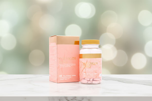 تصویر قرص کلاژن گلد آدریان روی سطح مرمر سفید