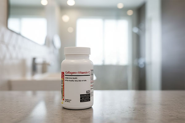 قرص کلاژن و ویتامین سی برونسون در محیط حمام مدرن