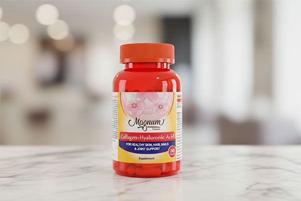 کپسول کلاژن و هیالورونیک اسید مگنوم ویتامینز روی سطح مرمر سفید