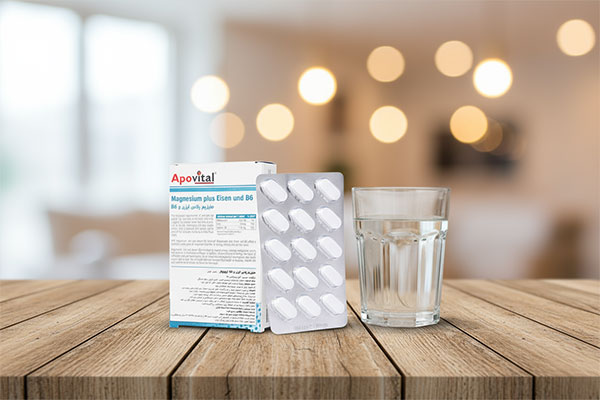 قرص منیزیم پلاس آیزن و B6 آپوویتال کنار لیوان آب