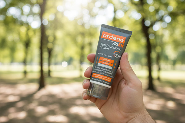 کرم ضد آفتاب مردانه آردن در دست یک مرد در طبیعت