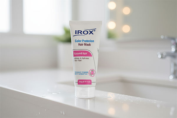 ماسک موی رنگ شده ایروکس روی پیشخوان حمام