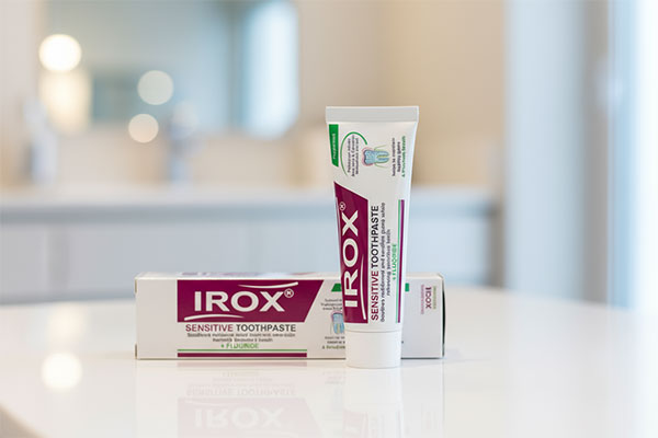 تصویر خمیر دندان ملایم ایروکس Sensitive روی پیشخوان حمام