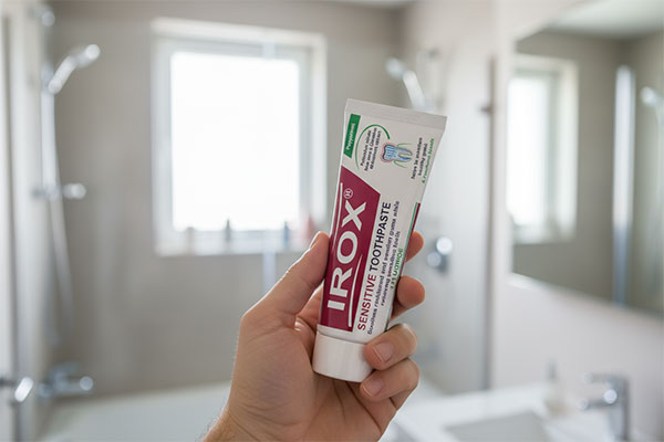 خمیر دندان Sensitive ایروکس در دست در محیط حمام