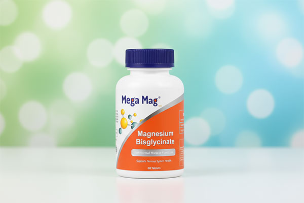 بستهبندی قرص منیزیم بیس گلایسینات مگا مگ 400 روی سطح سفید