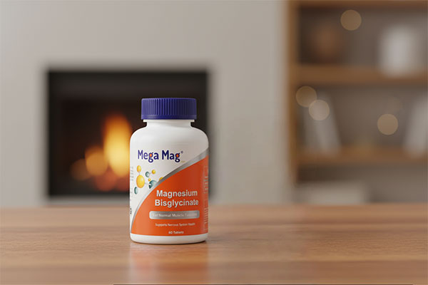 قرص منیزیم بیس گلایسینات مگا مگ 400 کنار لیوان آب روی میز چوبی