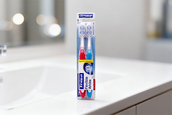 مسواک فلکسیبل وایت نرم دوتایی تریزا روی پیشخوان حمام