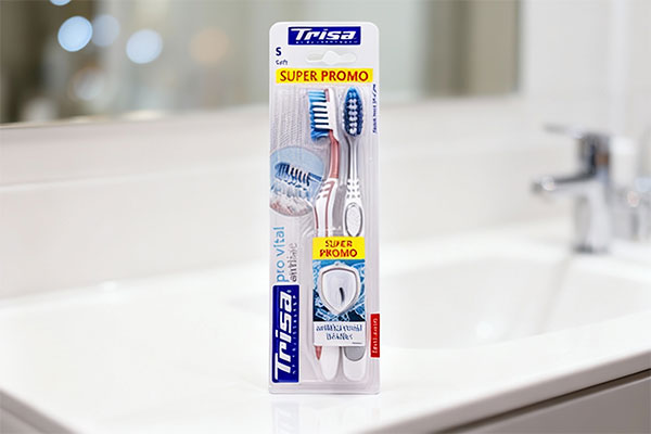 مسواک اکسترا پرو ویتال آنتی باکتریال نرم دوتایی تریزا روی پیشخوان حمام