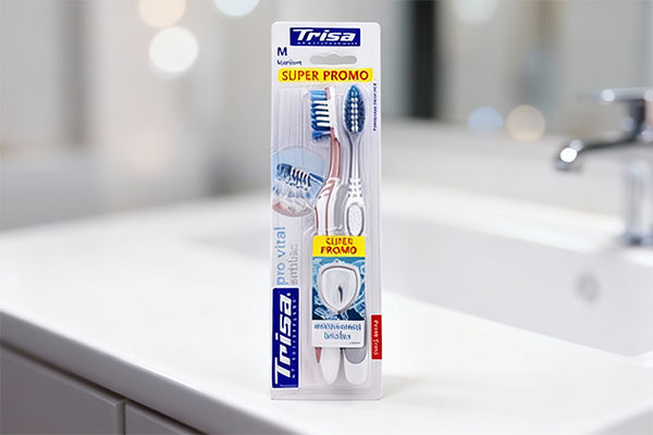 مسواک اکسترا پرو ویتال آنتی باکتریال متوسط دوتایی تریزا روی پیشخوان حمام
