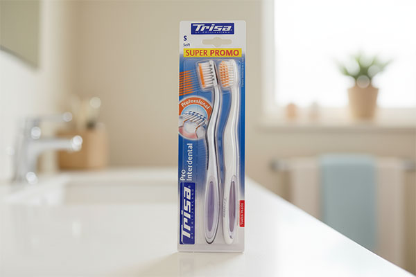 تصویر مسواک پرو اینتردنتال نرم دوتایی تریزا روی پیشخوان حمام