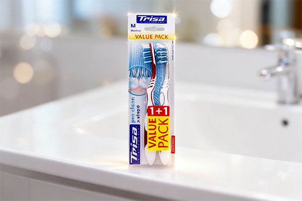 تصویر مسواک اکسترا پروکلین ایکس شیپ متوسط دوتایی تریزا روی پیشخوان حمام