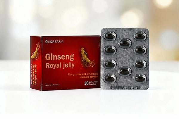 کپسول رویال ژلی و جینسینگ اکسیر فارم روی سطح سفید