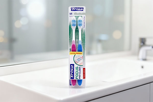 مسواک فوکوس پرو کلین متوسط دوتایی تریزا روی پیشخوان حمام